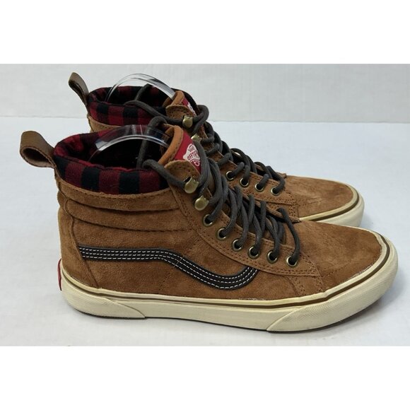 Vans Sk8-Hi Mte Sneakers Shoe Mens 7.5 Brown Suede Red Plaid High Top Scotchgard - Picture 1 of 9
